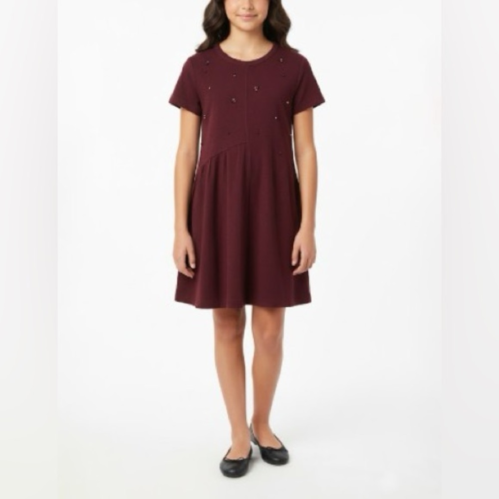 Zara Girls collection maroon or burgundy wool blend beaded short sleeve dress.